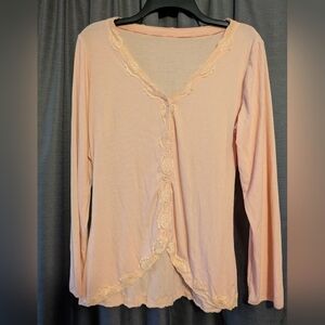 NWOT Women's Pink Lace Trim Long Sleeve Button Up Top Sz M